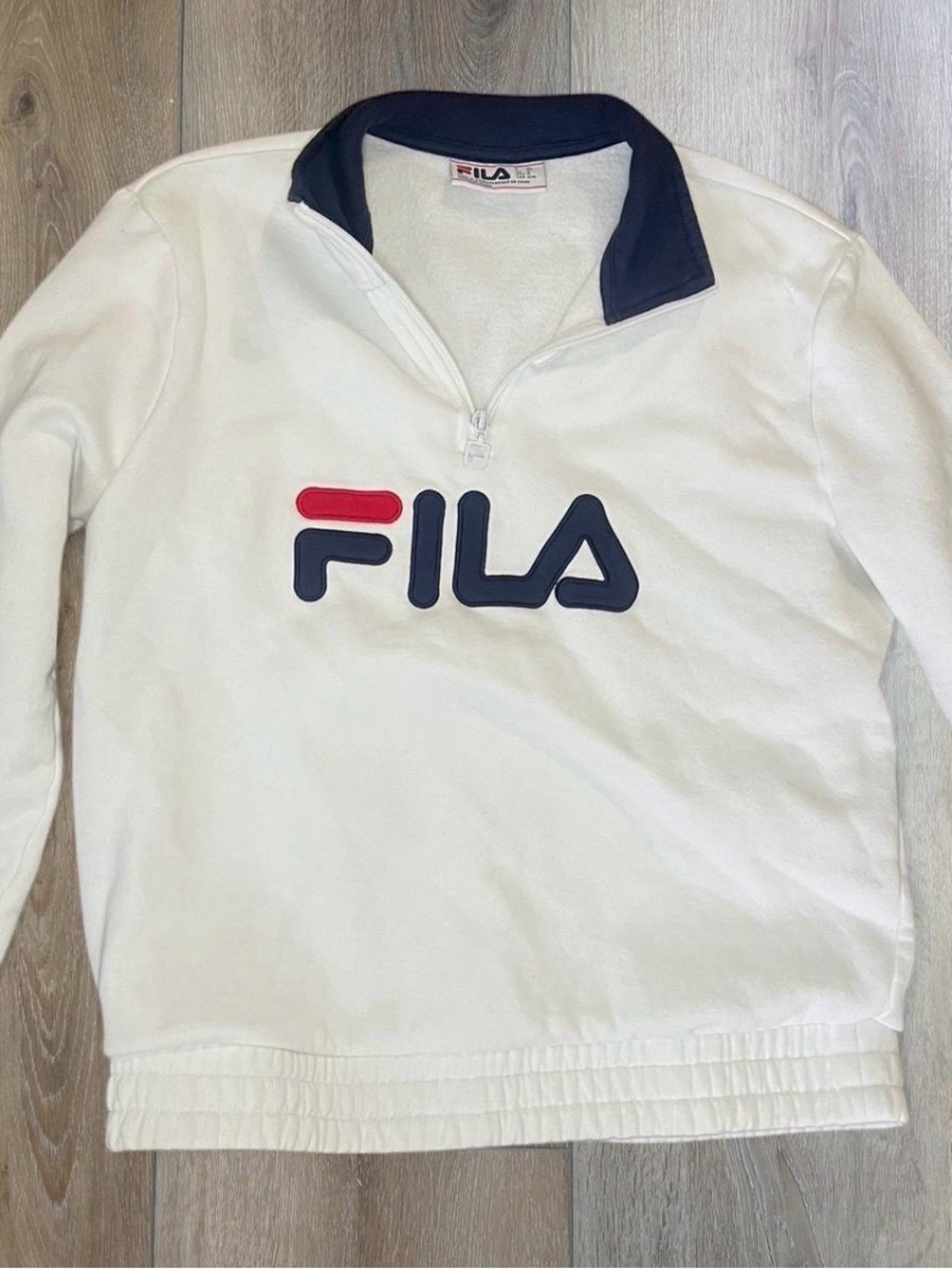 Fila White Pullover Zip-Up Sweater with Navy Collar and Red Logo